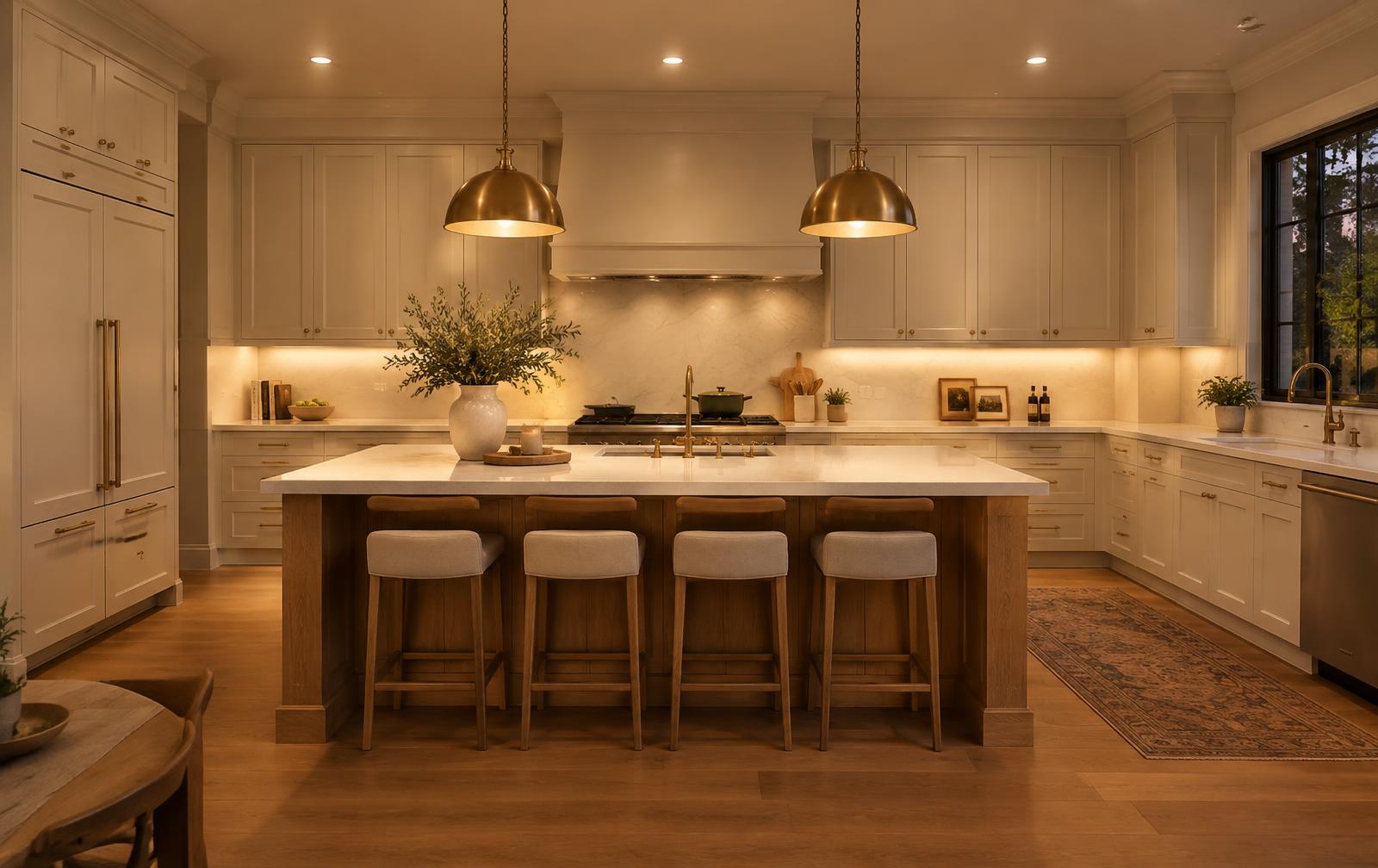 Updated kitchen with ivory shaker cabinets and oak island