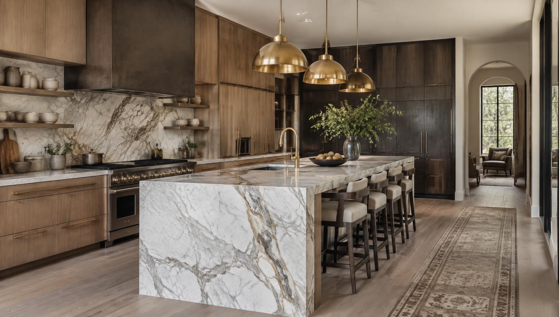 Luxury kitchen with oak and espresso cabinetry, marble waterfall island and brass pendant lights
